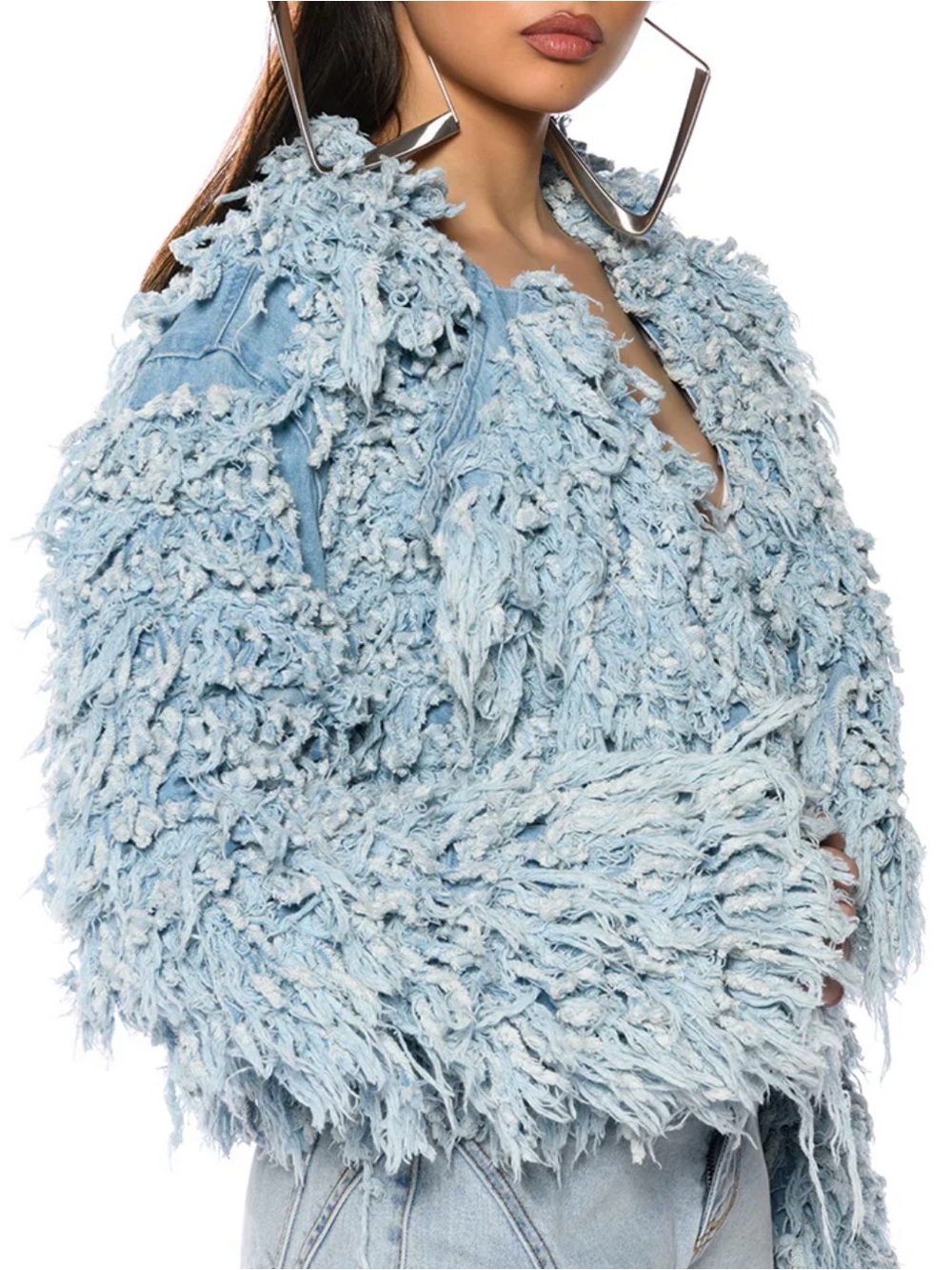 Akira FIRST CLASS FRINGE DENIM JACKET Blue Wide Notch Collar Open Front Medium